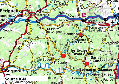 Carte des sites à découvrir autour de Sarlat dans le Périgord