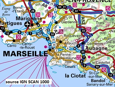 Carte des environs des calanques de Marseille