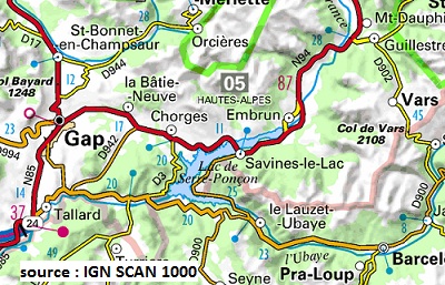 Carte du lac de Serre Ponçon dans le 04 et 05