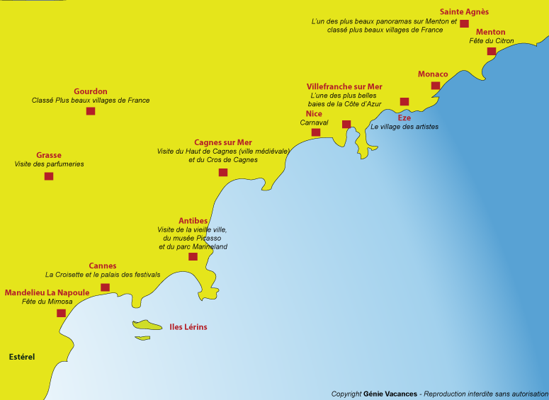 Carte des points d'intérêts sur la côte d'Azur pendant la fête du citron