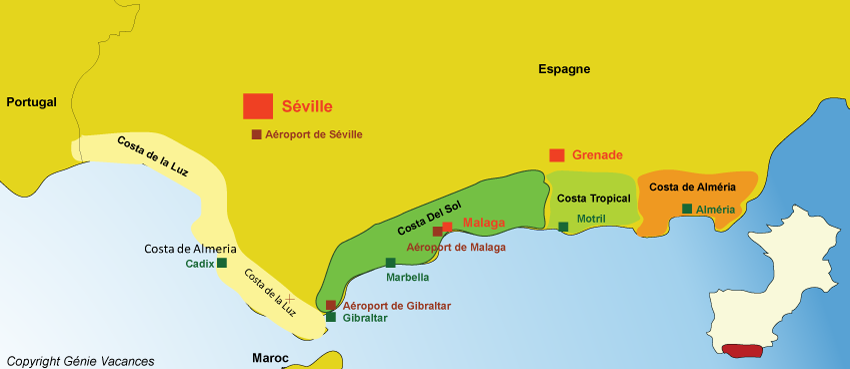 Carte avec les points d'intérêts de l'Andalousie en Espagne