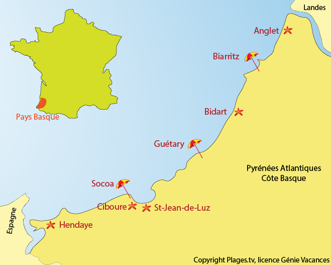 Carte de la Côte Basque - Pyrénées Atlantiques - stations balnéaires